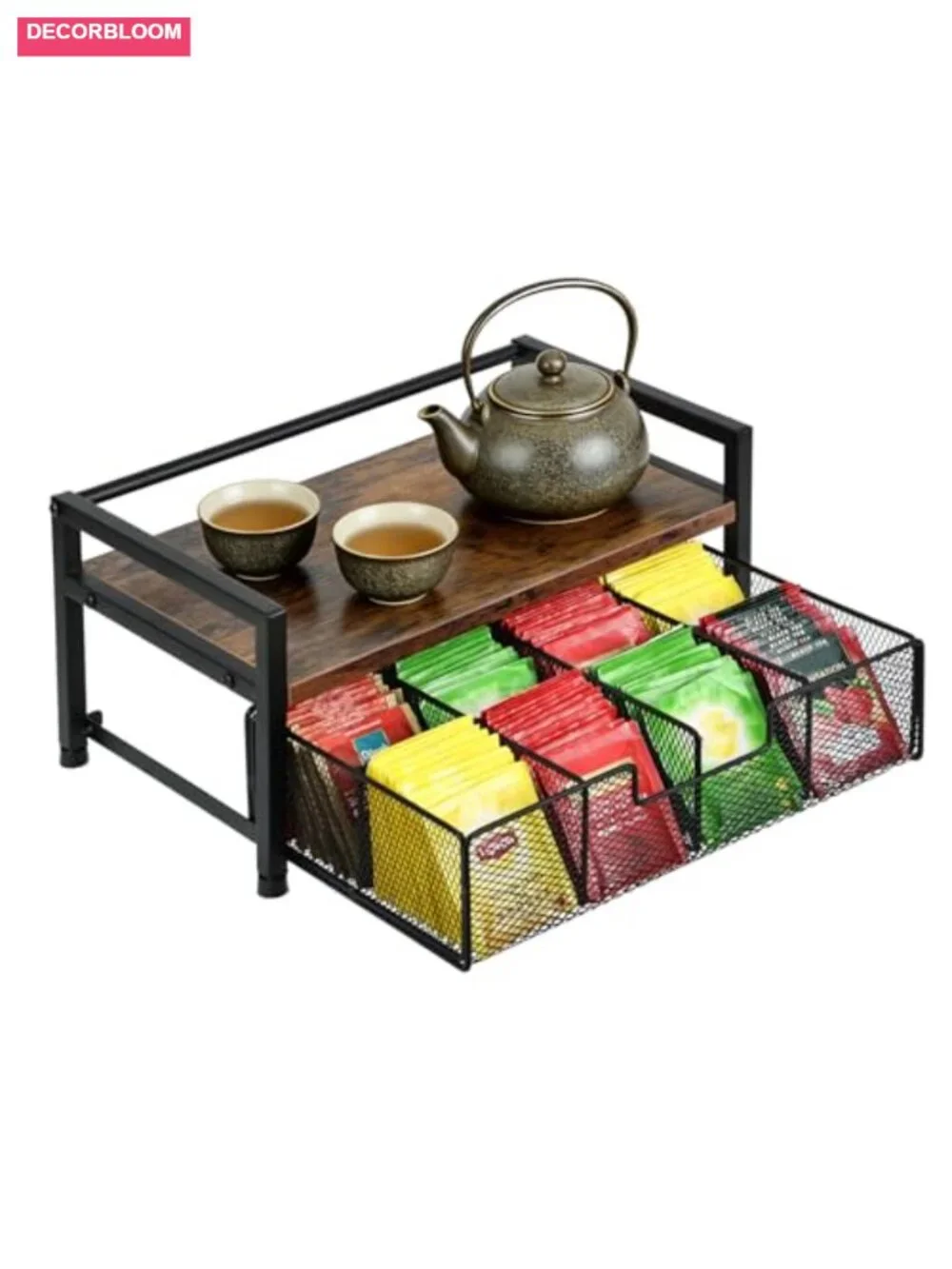 Wooden Tea Bag Organizer with 8-Compartment Pull-Out Drawer